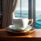 White Cup with Golden Rim on Saucer by Sunlit Sea View Window
