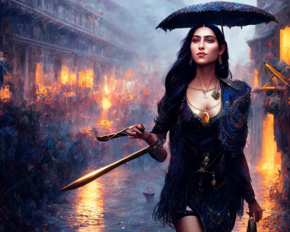 Confident woman with sword and umbrella in mystical fiery alleyway