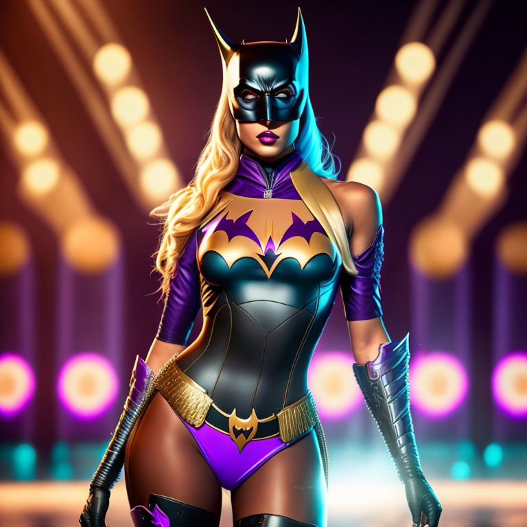 Illustration of woman in Batgirl costume with cowl, gloves, and cape, against colorful lights