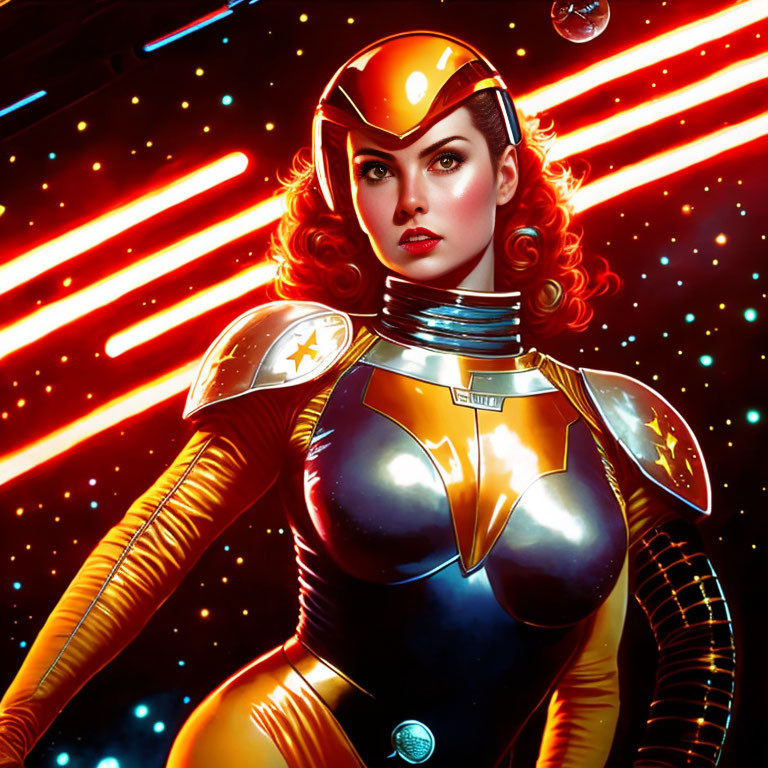 Futuristic digital artwork of female character in space suit