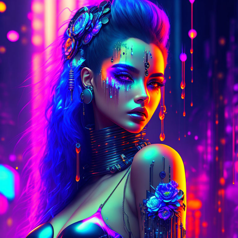 Blue-haired cyberpunk woman with glowing makeup and neon tears on vibrant background