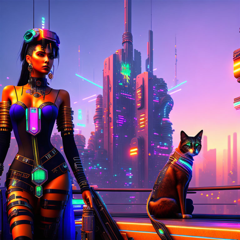 Futuristic cyberpunk woman and neon cat in cityscape at dusk