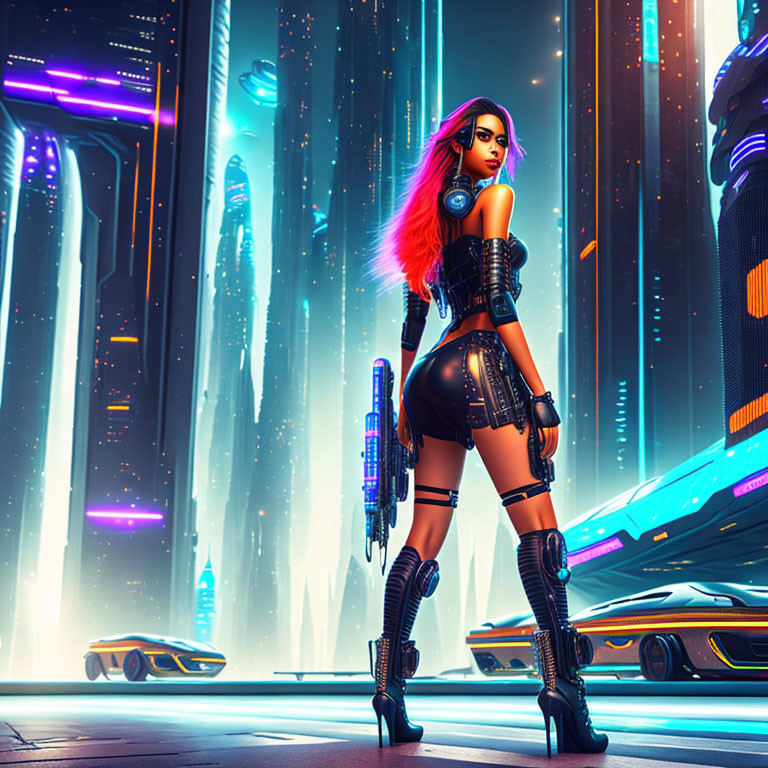 Colorful-haired warrior woman in cybernetic armor wields blaster gun in neon cityscape