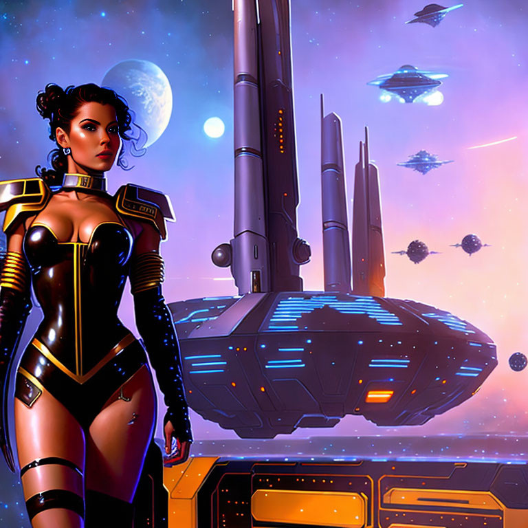 Futuristic female warrior in sleek armor suit with space colony backdrop