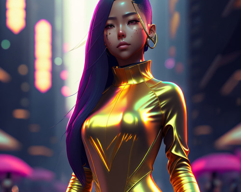 Digital artwork: Woman with purple hair in golden bodysuit, futuristic cityscape.
