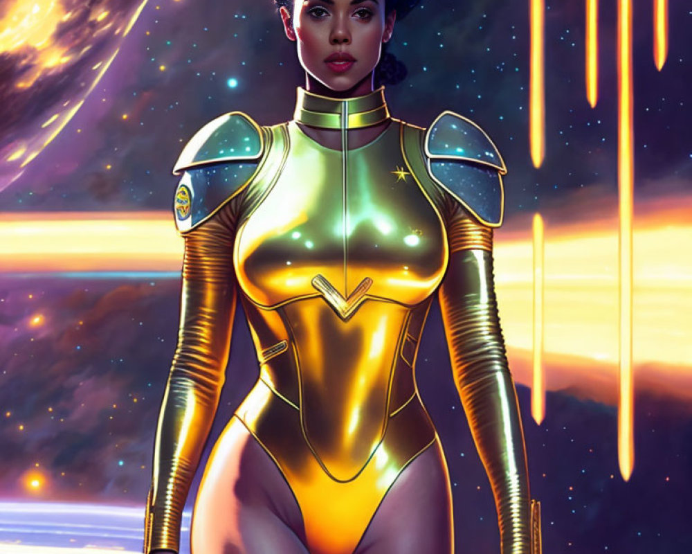 Futuristic female character in afro hairstyle and space suit against cosmic backdrop