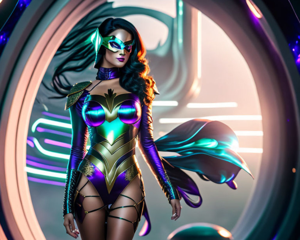 Female superhero in vibrant metallic suit with cape and mask on futuristic backdrop