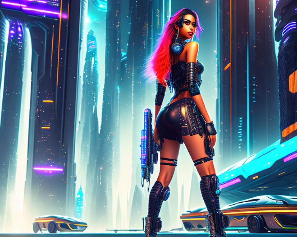 Colorful-haired warrior woman in cybernetic armor wields blaster gun in neon cityscape