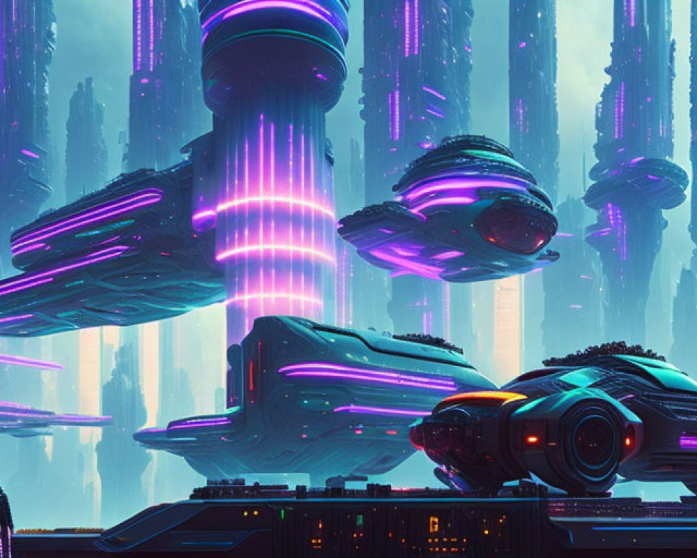 Futuristic cityscape with neon-lit towers and flying vehicles