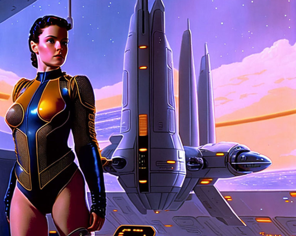 Futuristic woman in sleek suit with spaceships and purple sky