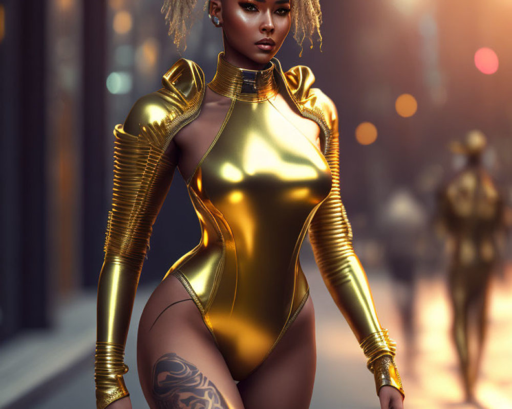 3D-rendered woman in golden armor attire on city street at dusk