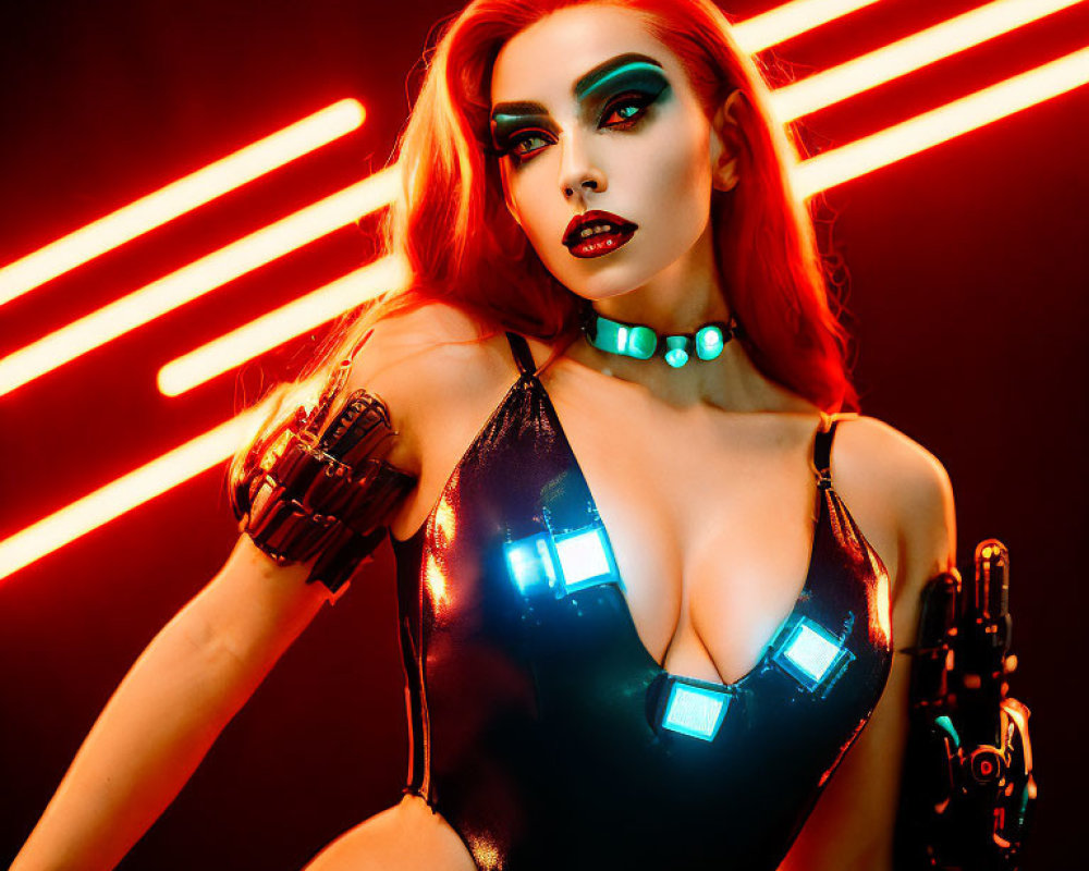 Cyberpunk Style Woman in Neon Lighting