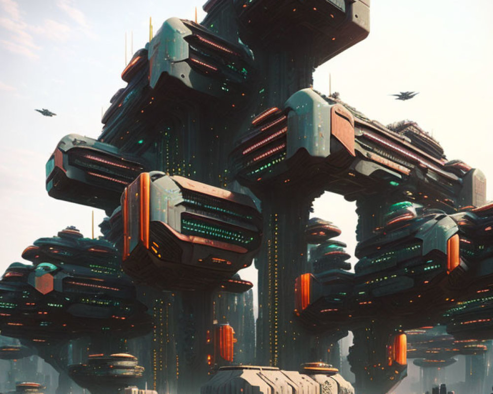 Futuristic megastructure in cityscape with flying vehicles and advanced infrastructure