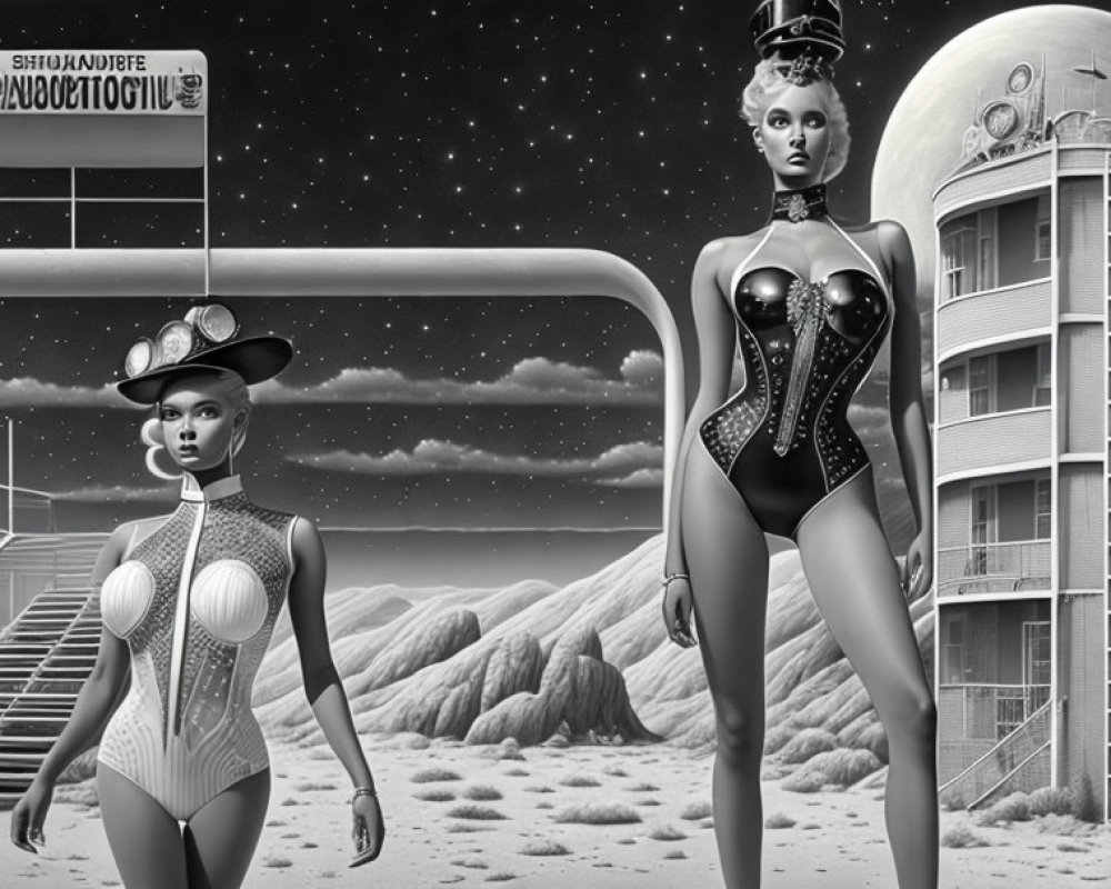 Futuristic female androids in sci-fi attire at spaceport