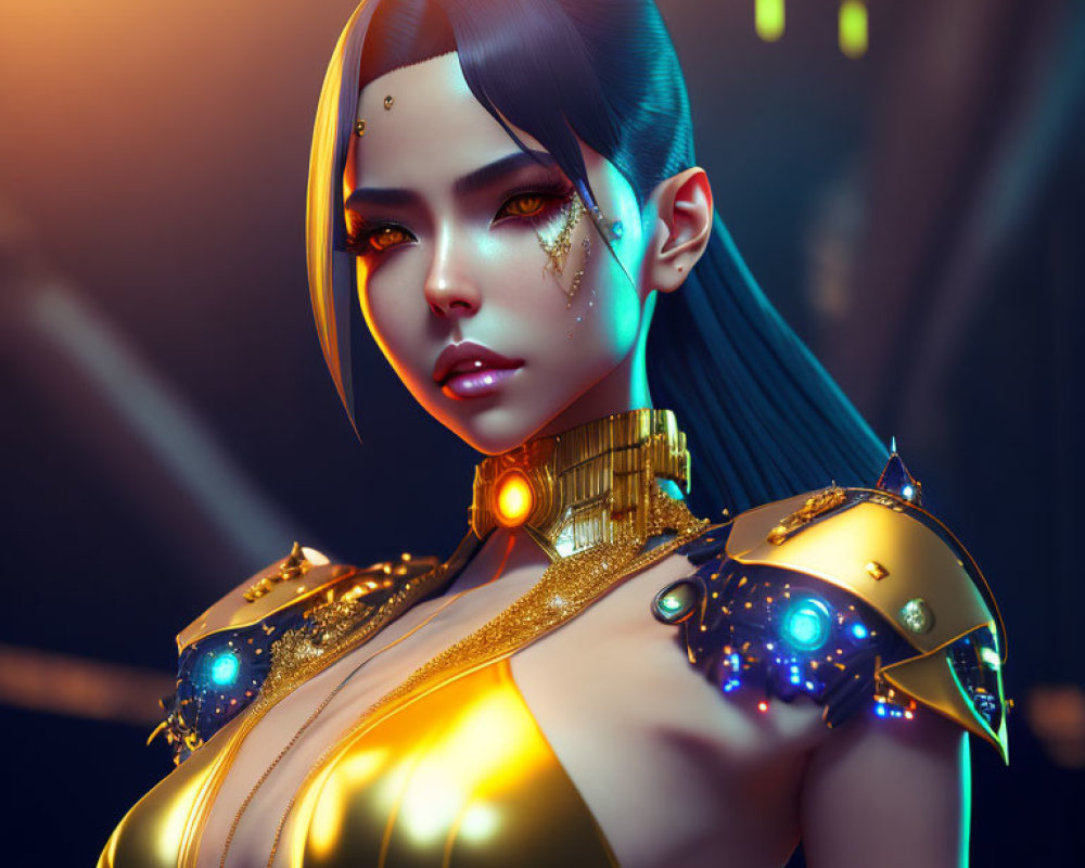 Digital Artwork: Female with Blue Hair in Futuristic Golden Armor