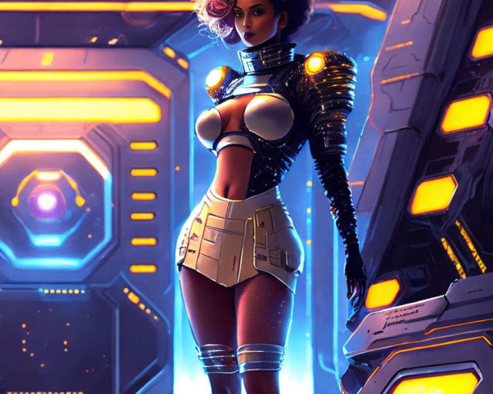 Futuristic female cyberpunk character in neon-lit environment