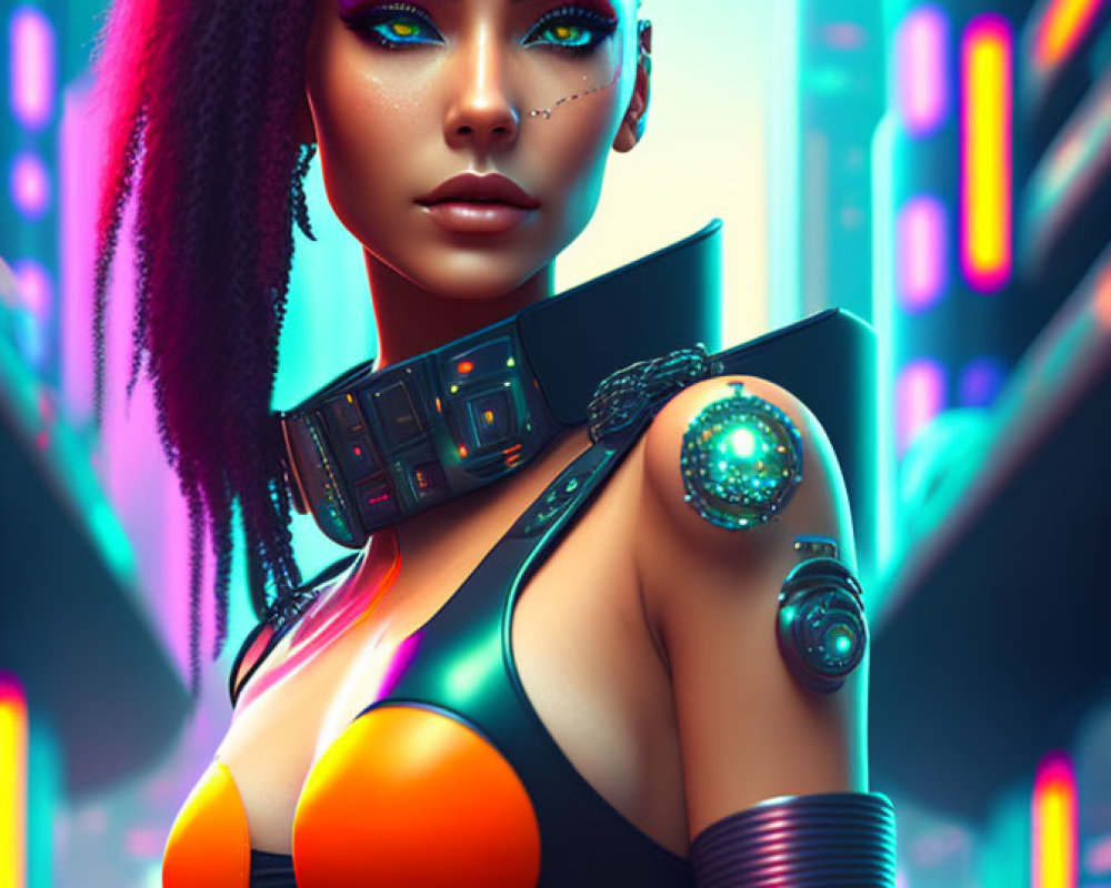 Futuristic woman with vibrant makeup and cybernetic enhancements in neon-lit city