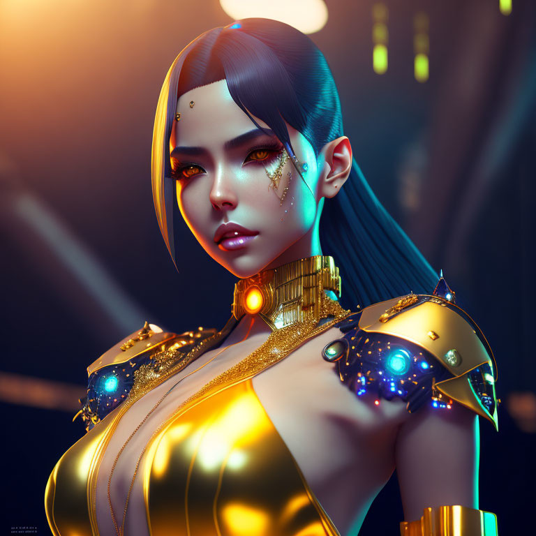 Digital Artwork: Female with Blue Hair in Futuristic Golden Armor
