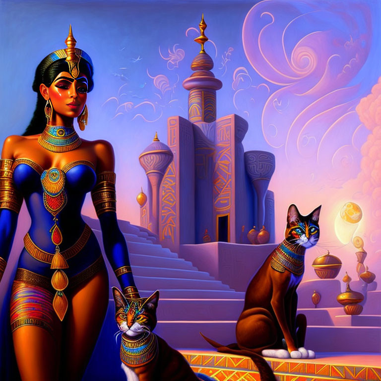 Stylized Egyptian woman with cats in gold and blue attire amid ancient buildings