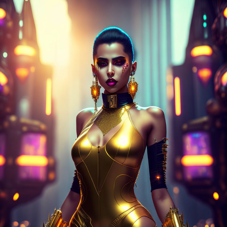 Blue-haired woman in gold sci-fi attire against high-tech backdrop