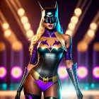 Female superhero in black and yellow costume with bat-like mask and cape, standing confidently in bokeh light