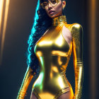 Blue-haired woman in gold bodysuit with arm sleeves poses on dimly lit street