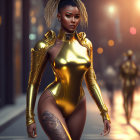 Cyberpunk-themed image of a futuristic woman in shiny bodysuit with neon lights and mechanical limbs