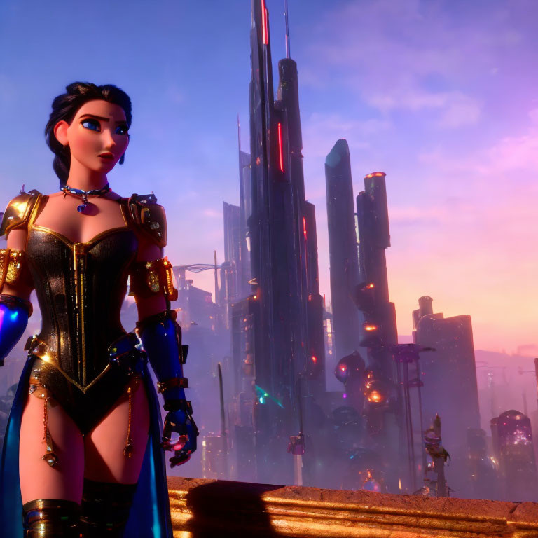 Futuristic 3D animated female character in armor suit against cityscape at sunset