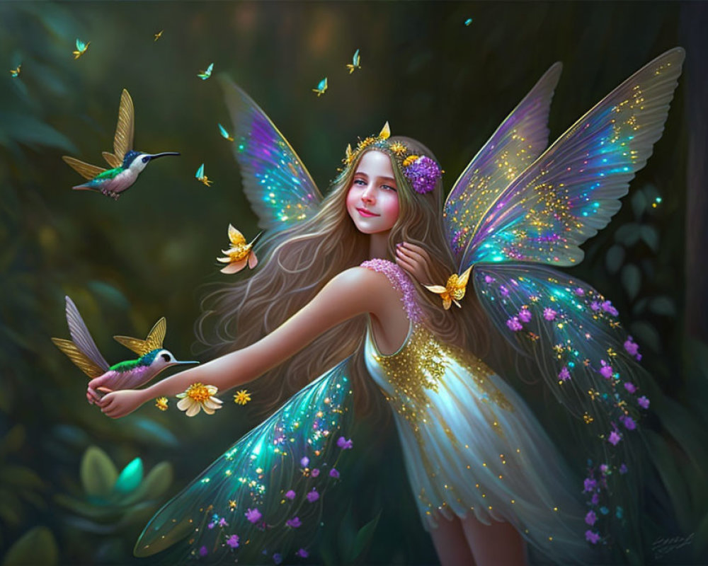 Young fairy with iridescent wings, butterflies, and hummingbird in enchanted forest