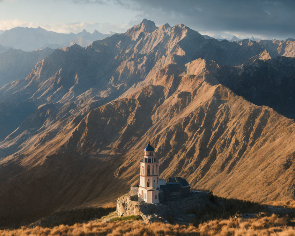 Church with bell tower in mountainous landscape at golden hour