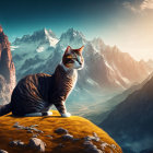 Tabby Cat Sitting on Grass Ledge with Snow-Capped Mountains in Background