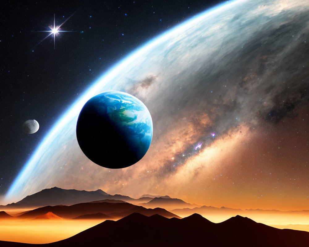 Alien landscape with Earth, Moon, galaxy, and star.