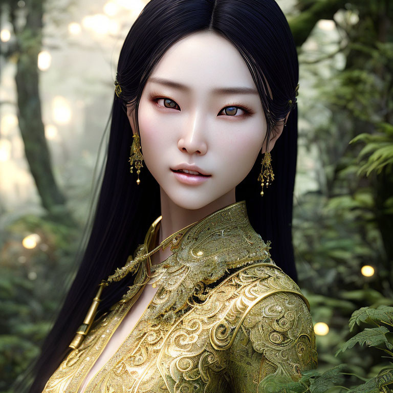 Digital artwork featuring woman with captivating eyes and ornate golden earrings in green traditional outfit against forest backdrop.