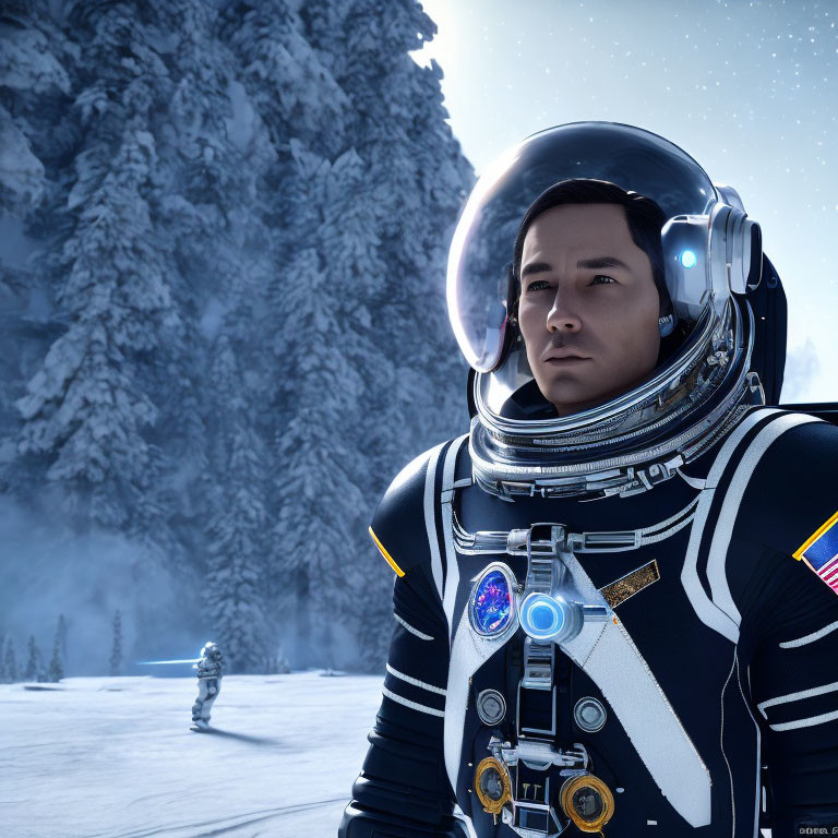 Detailed Spacesuit Astronauts in Snowy Pine Forest