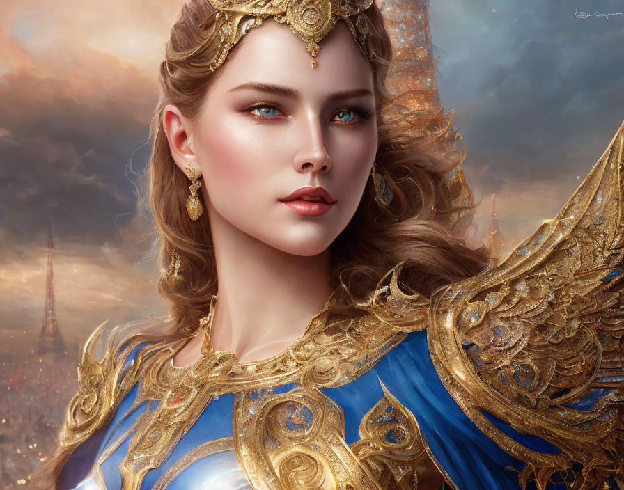 Regal woman illustration in gold and blue attire with blue eyes, set against cityscape and cloudy sky