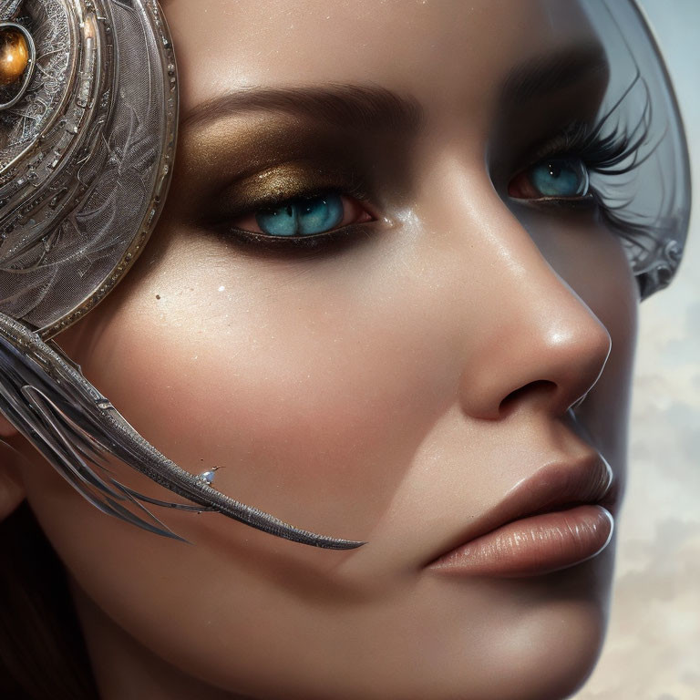 Detailed Close-Up of Woman with Striking Blue Eyes and Metallic Headpiece