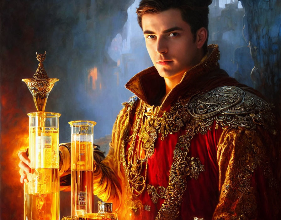 Regal man in red and gold attire with scepter in opulent room