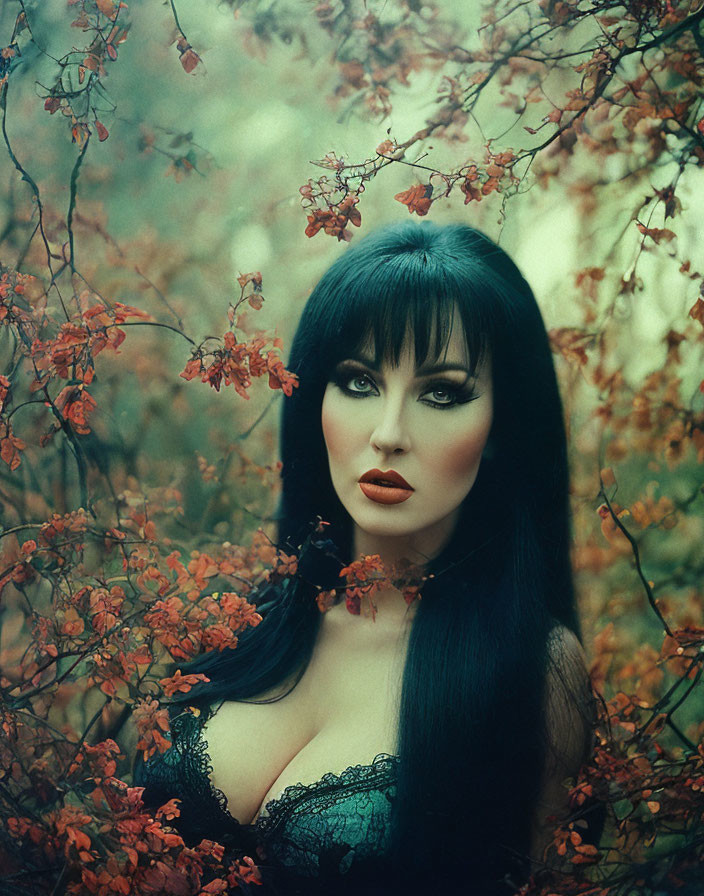 Dark-haired woman with striking makeup surrounded by red autumn leaves in misty forest