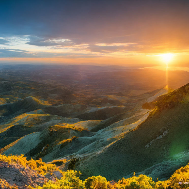 Mountainous Landscape at Sunset with Warm Glow and Rolling Shadows