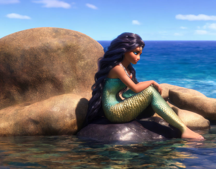 Dark-haired mermaid sitting on rock in serene blue waters.
