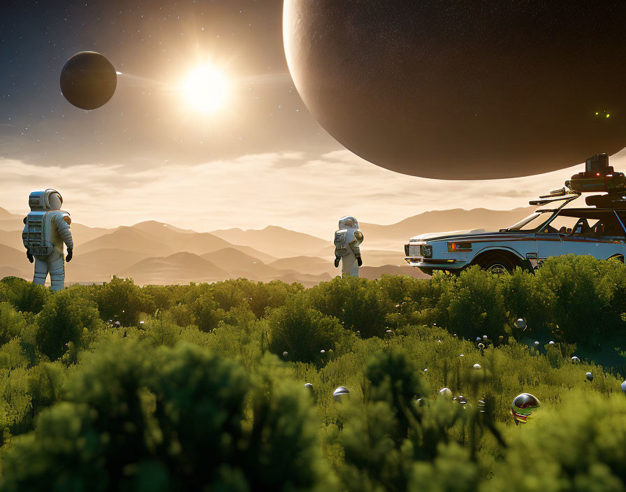 Astronauts in classic car on lush alien planet with exotic plants