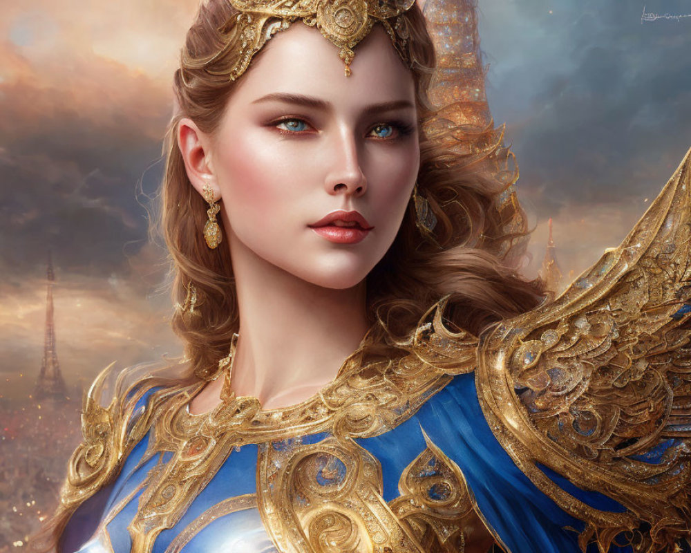 Regal woman illustration in gold and blue attire with blue eyes, set against cityscape and cloudy sky