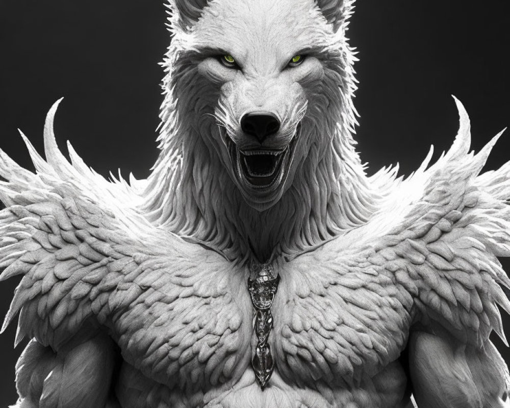 Detailed Winged Wolf with Pendant on Gray Background
