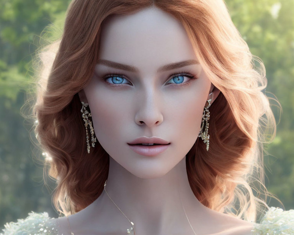 Digital artwork of woman with blue eyes, ginger hair, gold earrings, and sparkly dress in nature