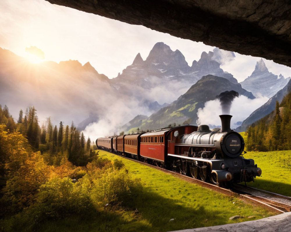 Vintage train emerges from tunnel into misty valley with mountains