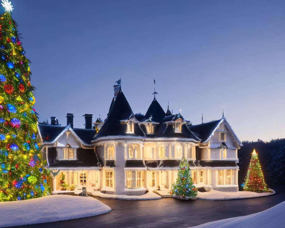 Snowy Dusk Scene: Stately Manor with Brightly Lit Christmas Tree