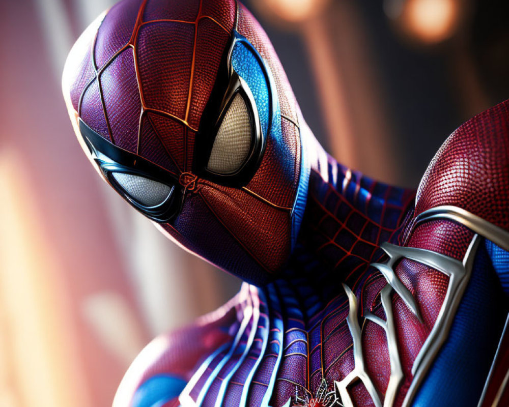 Detailed Spider-Man Suit Close-Up in Red and Blue with Web Pattern and Spider Emblem