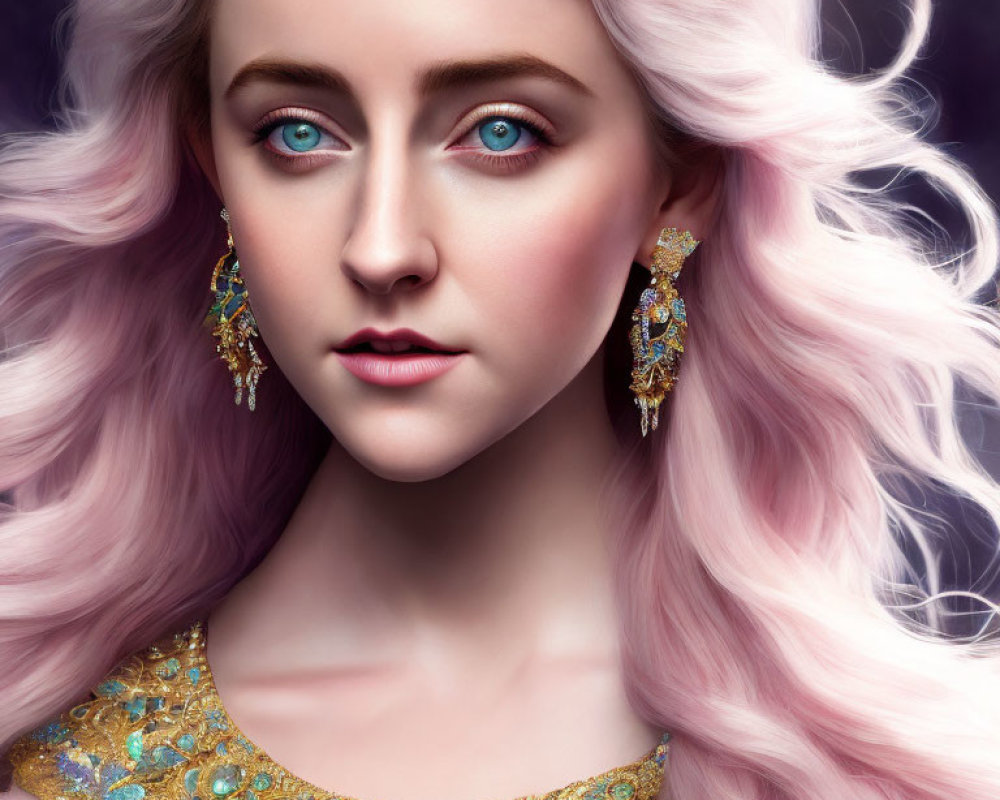 Portrait of woman with pastel pink hair, blue eyes, gold earrings