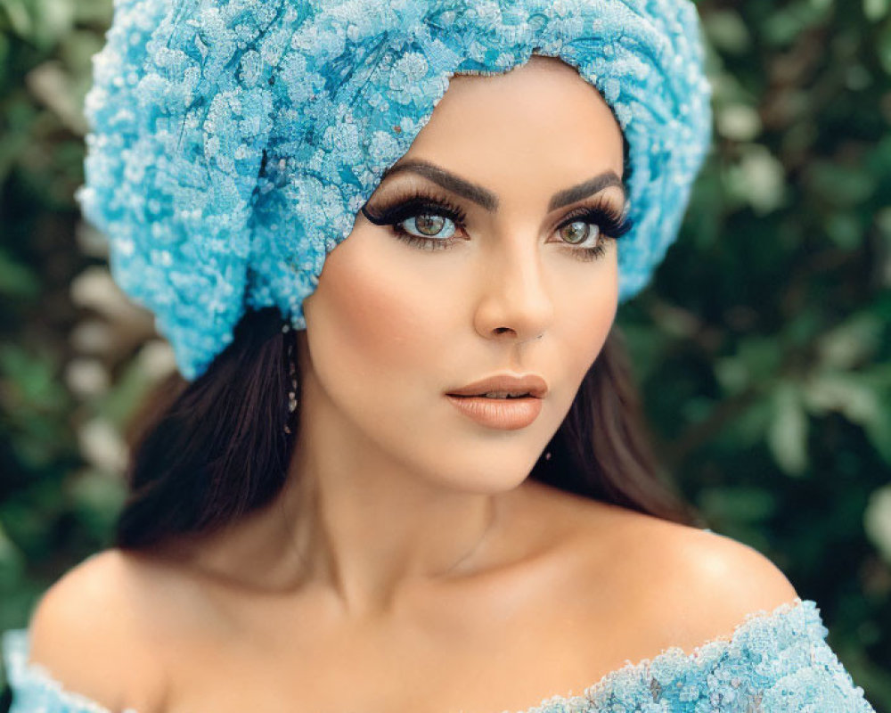 Woman with dramatic makeup in blue lace headwrap and off-shoulder top against green foliage.