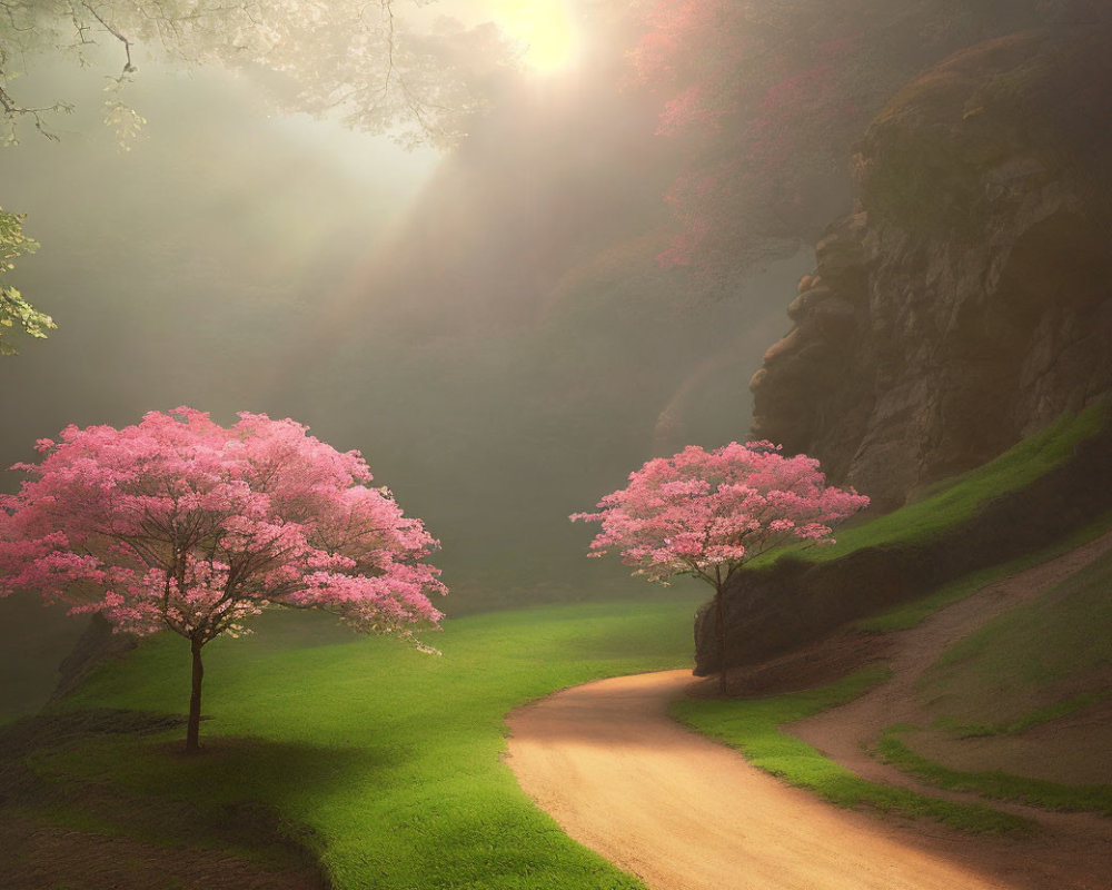 Tranquil Path with Pink Cherry Blossom Trees and Sunlight
